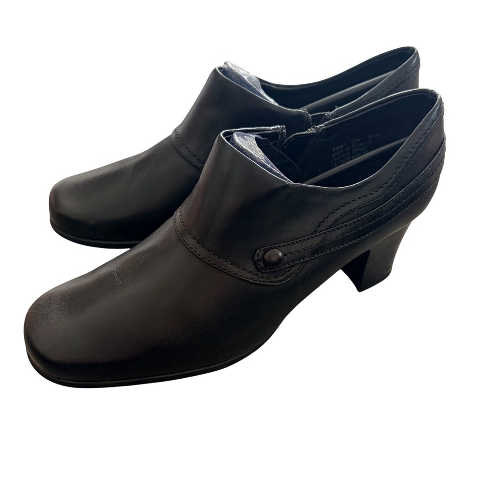 Clarks Womens Black Leather Ankle Booties Block Heel Side Zip Shooties Size 7.5M